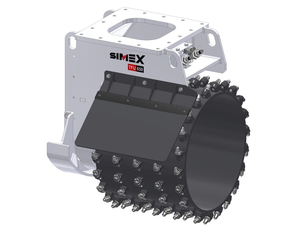 Simex TFU 650 Universalfräskopf leise und flexibel im Einsatz. Das fräsen oberster Gesteinsschichten lässt sich im Horizontalen wie auch Vertikalen problemslos durchführen. Durch die Flexibilität ist er ideal für den städischen Einsatz.
